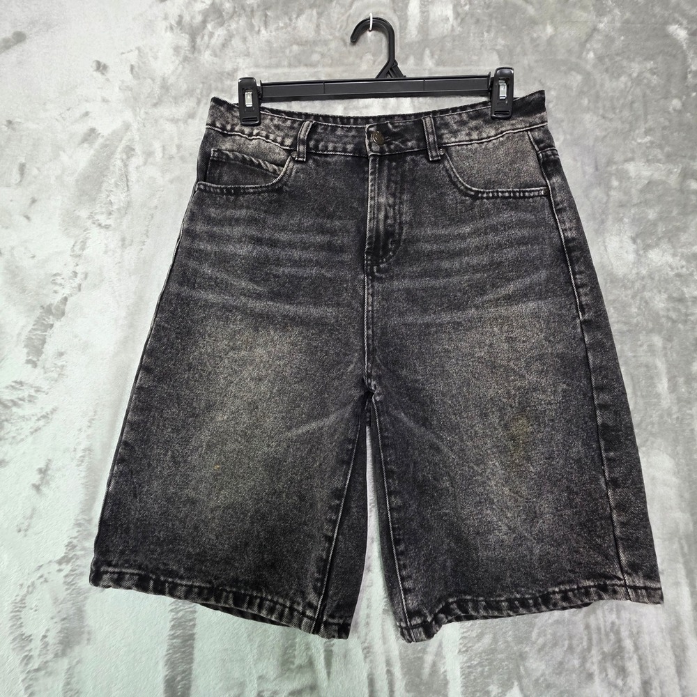 Raw City Mens Baggy Denim Shorts Black Acid Wash Tribal Embroidery Size 29